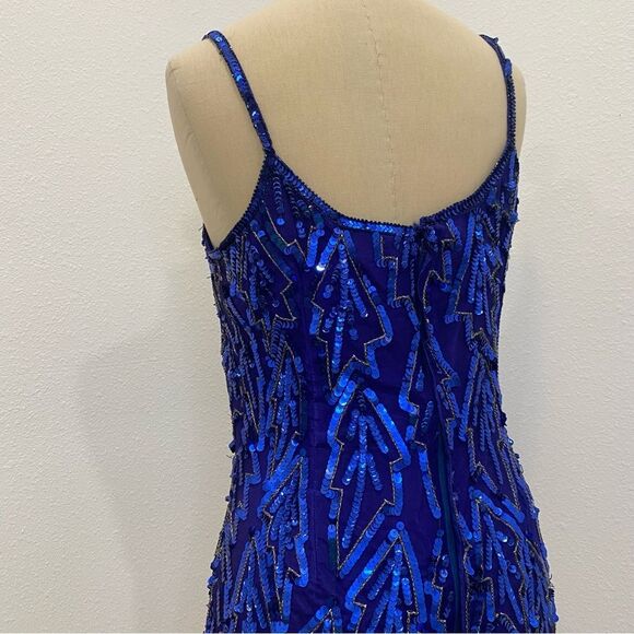 Vintage 80s Blue Silk Sequin Dress Beaded Geo Mini Party Cocktail Sz Medium - Picture 5 of 10